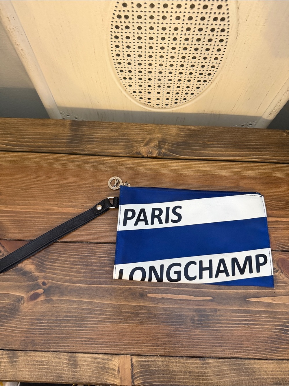 Longchamp Blue & White PARIS Logo Wristlet Pouch